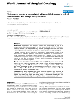 Helicobacter Species Are Associated with Possible Increase in Risk of Biliary Lithiasis and Benign Biliary Diseases Manoj Pandey