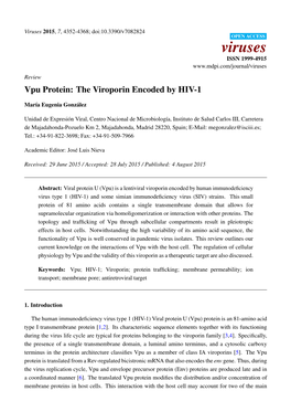 Vpu Protein: the Viroporin Encoded by HIV-1