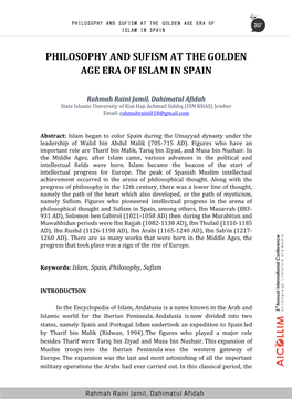 Philosophy and Sufism at the Golden Age Era of Islam in Spain