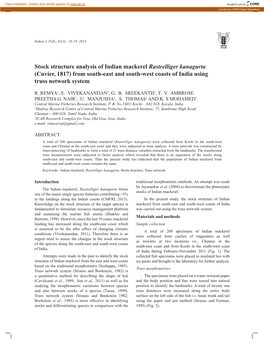 Stock Structure Analysis of Indian Mackerel Rastrelliger Kanagurta (Cuvier, 1817) from South-East and South-West Coasts of India Using Truss Network System