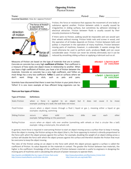 Opposing Friction Physical Science Name