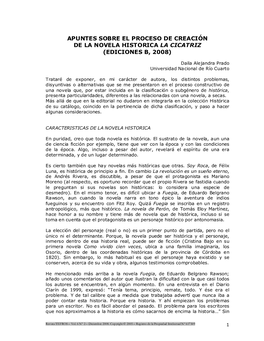 Apuntes Sobre El Proceso De Creación De La Novela Historica La Cicatriz (Ediciones B, 2008)