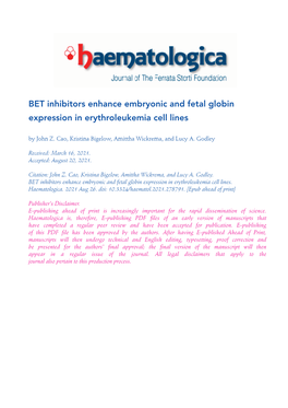 BET Inhibitors Enhance Embryonic and Fetal Globin Expression in Erythroleukemia Cell Lines by John Z