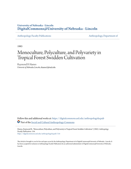 Monoculture, Polyculture, and Polyvariety in Tropical Forest Swidden Cultivation Raymond B