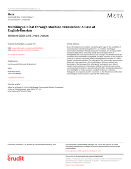 Multilingual Chat Through Machine Translation: a Case of English-Russian Mehmet Şahin and Derya Duman