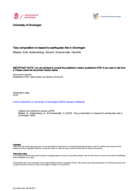 University of Groningen Terp Composition in Respect to Earthquake Risk in Groningen Meijles, Erik; Aalbersberg, Gerard; Groenend