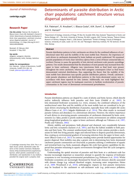 Determinants of Parasite Distribution in Arctic Charr Populations: Catchment Structure Versus Cambridge.Org/Jhl Dispersal Potential