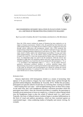 Reconsidering Sensory Isolation in Floatation Tanks As a Method of Promoting Psi-Conducive Imagery