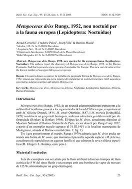 Metopoceras Driss Rungs, 1952, Nou Noctuid Per a La Fauna Europea (Lepidoptera: Noctuidae)
