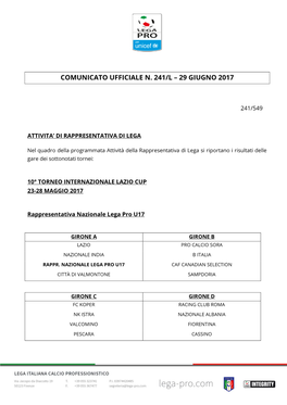 Comunicato Ufficiale N. 241/L – 29 Giugno 2017