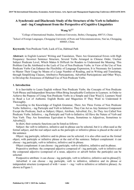 A Synchronic and Diachronic Study of the Structure of the Verb to Infinitive and - Ing Complement from the Perspective of Cognitive Linguistics