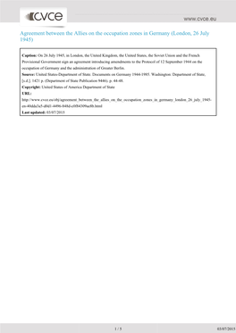 Agreement Between the Allies on the Occupation Zones in Germany (London, 26 July 1945)