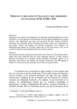 Médicos Y Cirujanos En Villanueva Del Arzobispo En Los Siglos Xvii, Xviii Y Xix