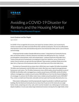 Avoiding a COVID-19 Disaster for Renters and the Housing Market the Renter Direct Payment Program