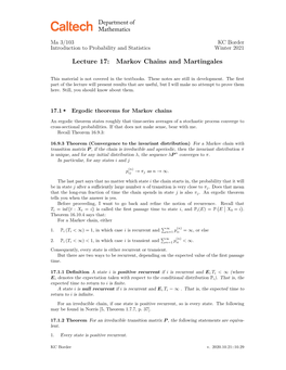 Lecture 17: Markov Chains and Martingales