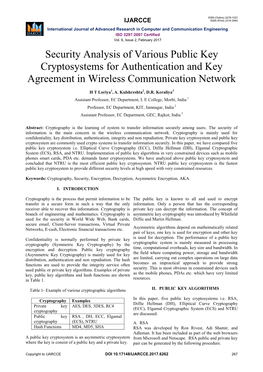 Security Analysis of Various Public Key Cryptosystems for Authentication and Key Agreement in Wireless Communication Network