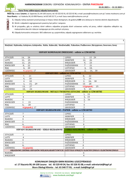 HARMONOGRAM ODBIORU ODPADÓW KOMUNALNYCH - GMINA PAKOSŁAW 01.01.2021 R