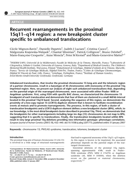 Recurrent Rearrangements in the Proximal 15Q11–Q14 Region: a New Breakpoint Cluster Specific to Unbalanced Translocations