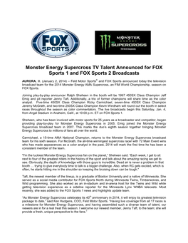 Monster Energy Supercross TV Talent Announced for FOX Sports 1 and FOX Sports 2 Broadcasts