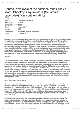 Reproductive Cycle of the Common Rough-Scaled Lizard, Ichnotropis Squamulosa (Squamata: Lacertidae) from Southern Africa