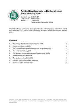 Political Developments in Northern Ireland Since February 2006