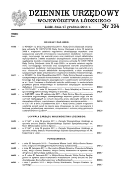 DZIENNIK URZĘDOWY WOJEWÓDZTWA ŁÓDZKIEGO Łódź, Dnia 17 Grudnia 2011 R