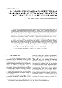 La Importancia De Las Plantas Psicotrópicas Para La Economía De Intercambio Y Relaciones De Interacción En El Altiplano Sur Andino