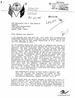 The Honorable Joe T. San Agustin Speaker Guam 22Nd Legislature 155 Hessler St., Agafia, Guam 96910 Dear Speaker San Agustin: V I Am Signing Into Law Bill No