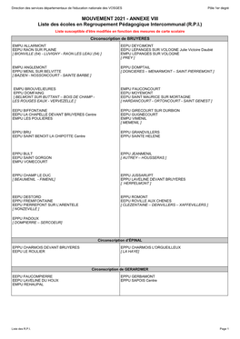 ANNEXE VIII Liste Des Écoles En Regroupement Pédagogique Intercommunal