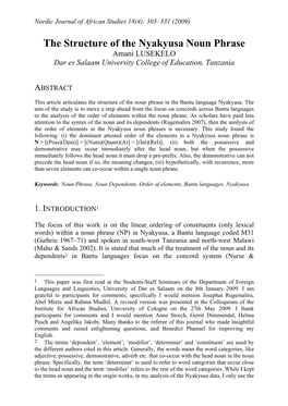 The Structure of the Nyakyusa Noun Phrase Amani LUSEKELO Dar Es Salaam University College of Education, Tanzania