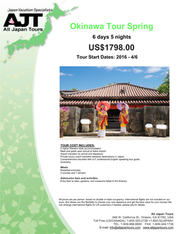 US$1798.00 Okinawa Tour Spring