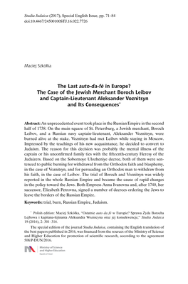 The Last Auto-Da-Fé in Europe? the Case of the Jewish Merchant Boroch Leibov and Captain-Lieutenant Aleksander Voznitsyn and Its Consequences*