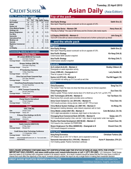 Asian Daily EPS, TP and Rating Changes Top of the Pack