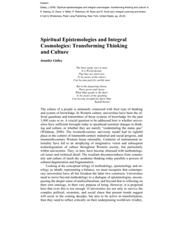 Spiritual Epistemologies and Integral Cosmologies: Transforming Thinking and Culture