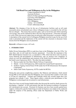 Toll Road Fees and Willingness-To-Pay in the Philippines Crispin Emmanuel D