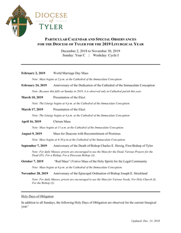 Diocesan Liturgical Calendar