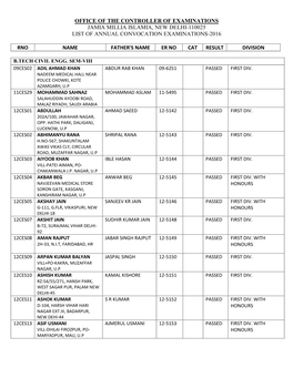 Office of the Controller of Examinations Jamia Millia Islamia, New Delhi-110025 List of Annual Convocation Examinations-2016