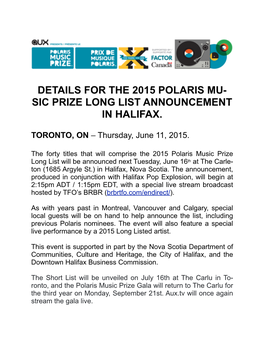 Details for the 2015 Polaris Music Prize Long List