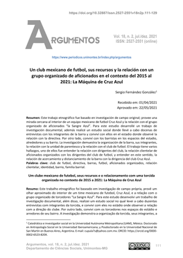 Un Club Mexicano De Futbol, Sus Recursos Y La Relación Con Un Grupo Organizado De Aficionados En El Contexto Del 2015 Al 2021: La Máquina De Cruz Azul