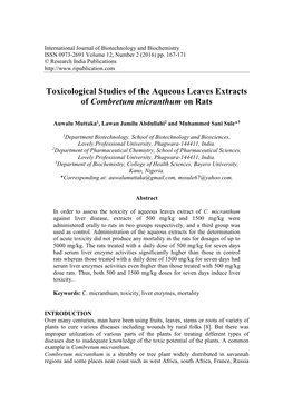 Toxicological Studies of the Aqueous Leaves Extracts of Combretum Micranthum on Rats