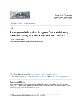 Transcriptome-Wide Analysis of Hypoxic Cancer Cells Identify Alternative Splicing As a Mechanism to Inhibit Translation