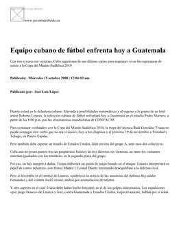 Equipo Cubano De Fútbol Enfrenta Hoy a Guatemala