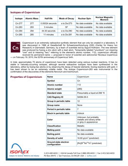 Isotopes of Copernicium Properties of Copernicium