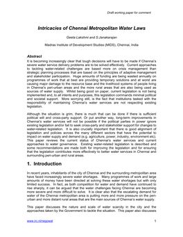 Intricacies of Chennai Metropolitan Water Laws 1. Introduction