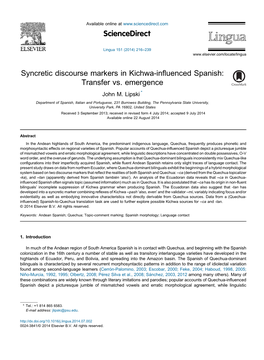 Syncretic Discourse Markers in Kichwa-Influenced Spanish: Transfer Vs