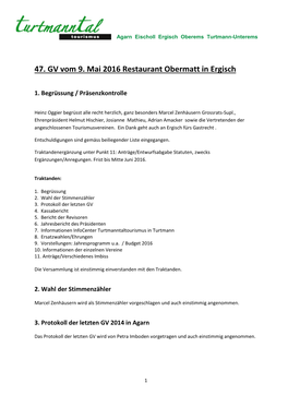 47. GV Vom 9. Mai 2016 Restaurant Obermatt in Ergisch