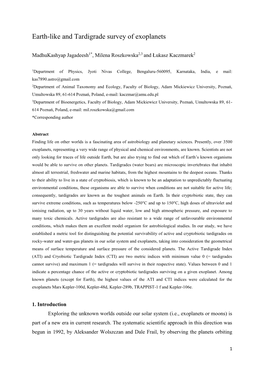 Earth-Like and Tardigrade Survey of Exoplanets