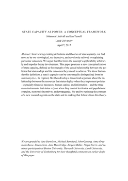 STATE CAPACITY AS POWER: a CONCEPTUAL FRAMEWORK Johannes Lindvall and Jan Teorell Lund University April 7, 2017