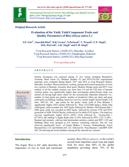 Evaluation of for Yield, Yield Component Traits and Quality Parameters of Rice (Oryza Sativa L.)