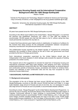 Temporary Housing Supply and Its International Cooperative Background After the 1963 Skopje Earthquake Masaru Tanaka1